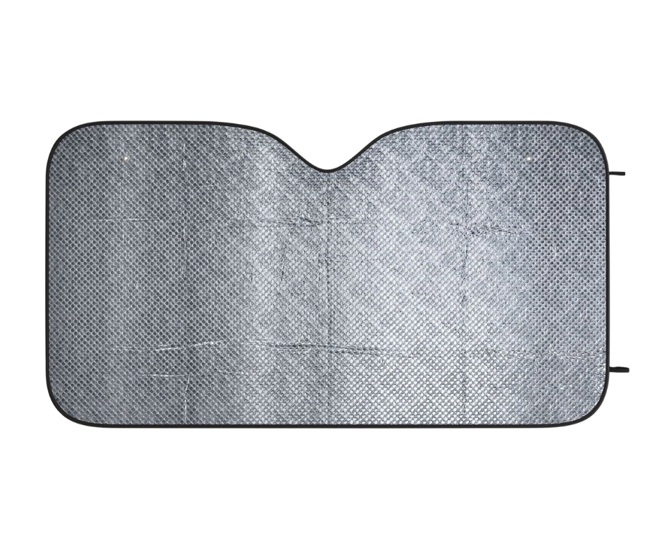 Car windshield sunshade with gray woven pattern on a white background