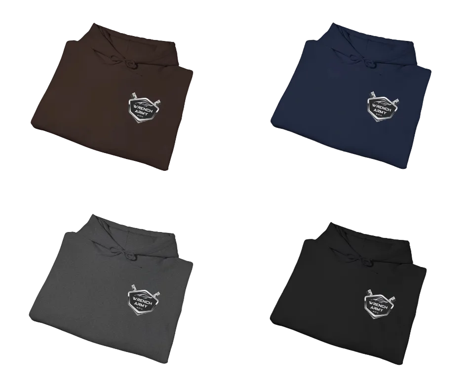 Four folded polo shirts in black, navy, and gray with a logo on a white background.