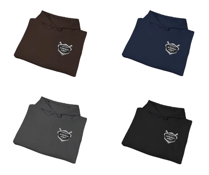 Four folded polo shirts in black, navy, and gray with a logo on a white background.