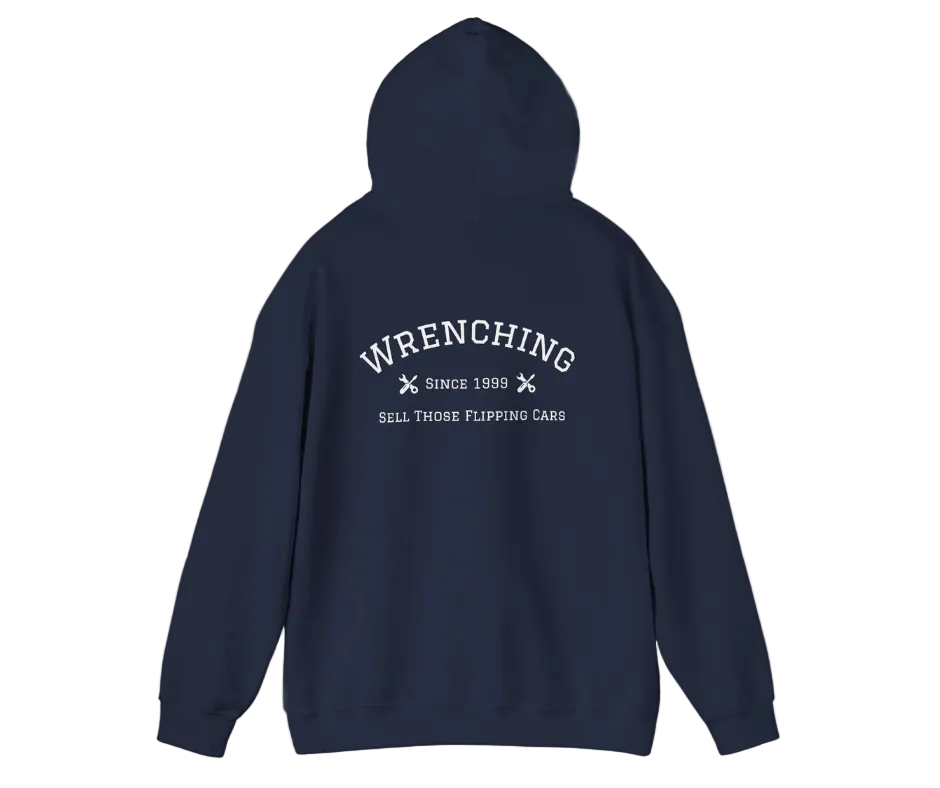 Navy blue hoodie with white text on the back on a white background