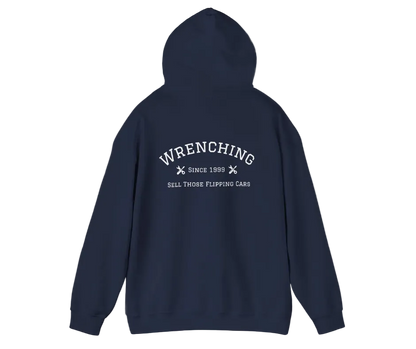 Navy blue hoodie with white text on the back on a white background