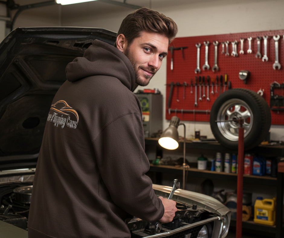 Mechanic working on a car in a garage with tools and equipment in the background.