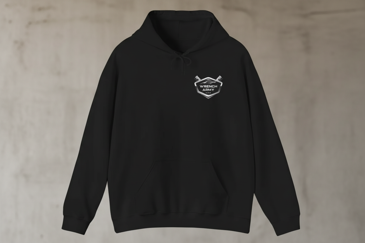 Black hoodie with a logo on the chest against a white background