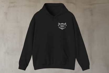 Black hoodie with a logo on the chest against a white background